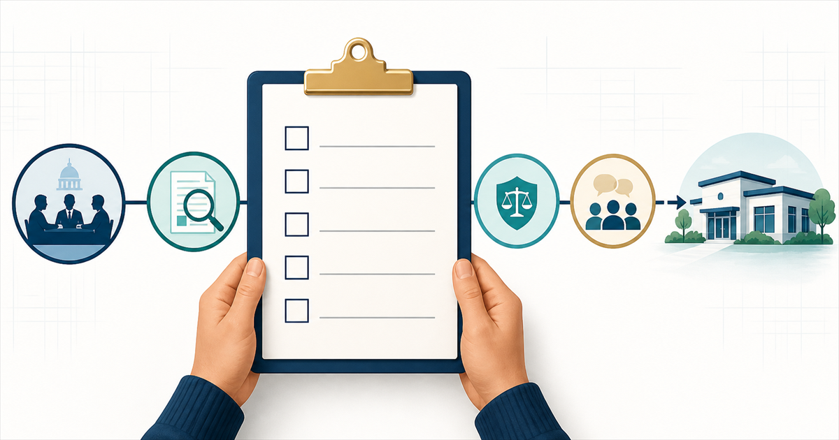 Five-question clinic check on a clipboard, with four regulatory review stages leading to a clinic.