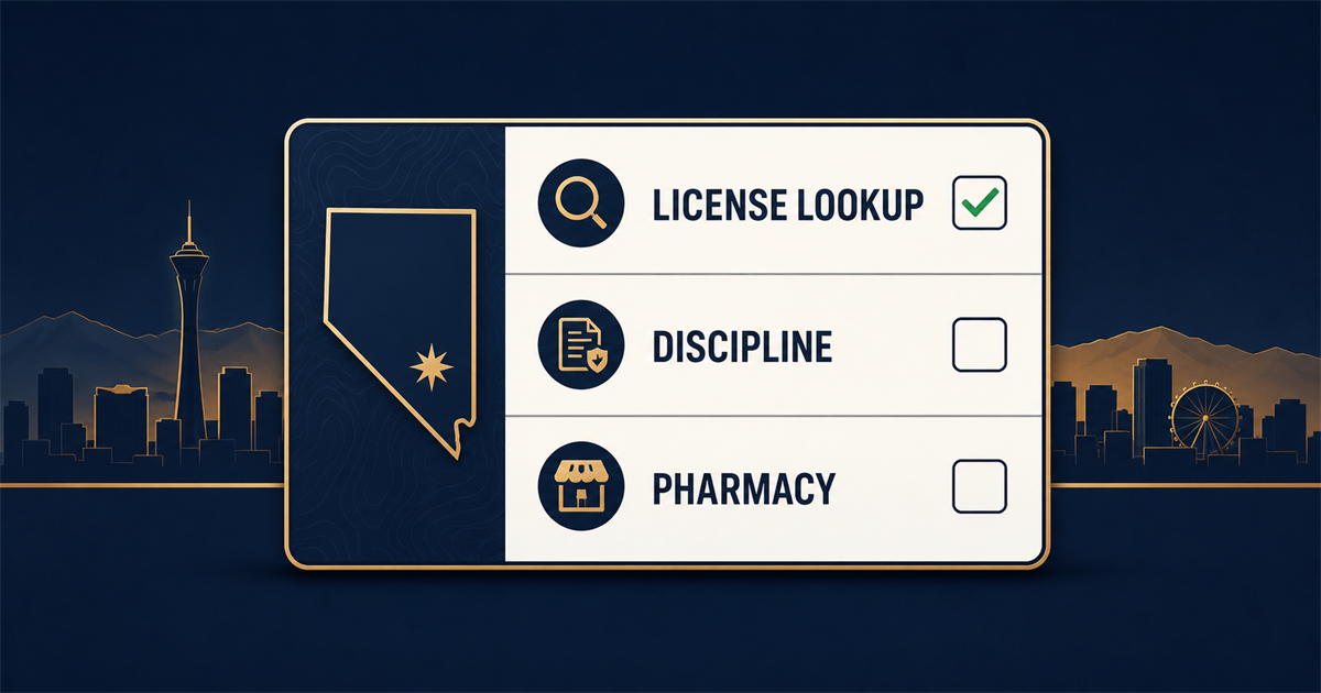 Las Vegas peptide clinic verification checklist showing Nevada license, discipline, and pharmacy routes