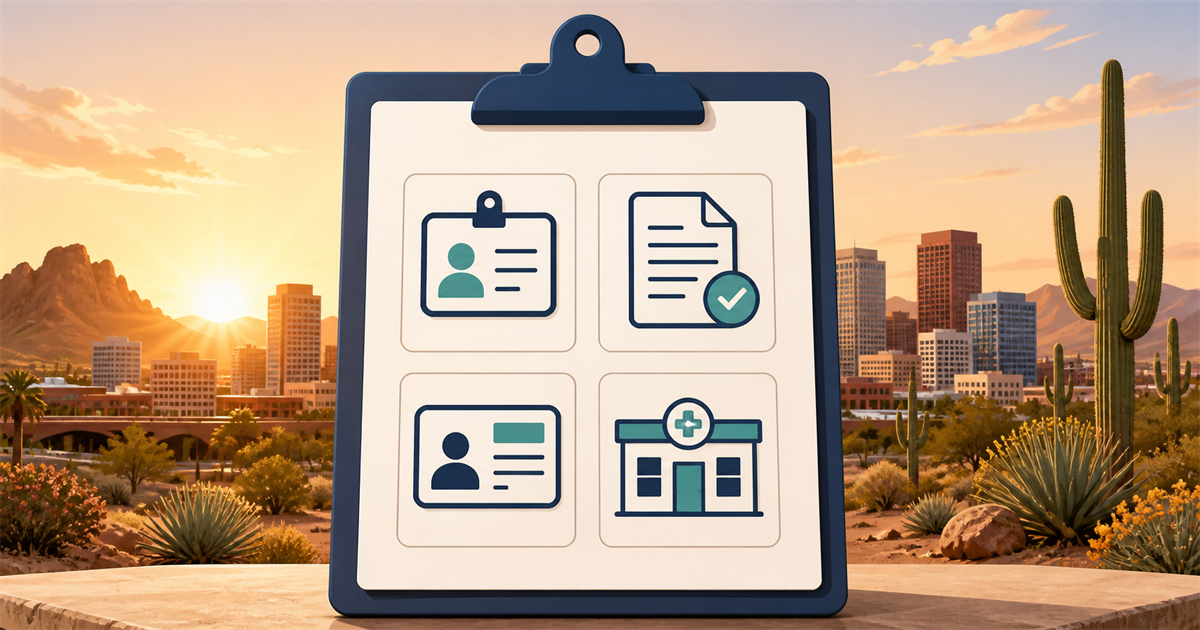Phoenix peptide clinic verification checklist showing Arizona clinician license, action history, NPI identity, and pharmacy permit routes