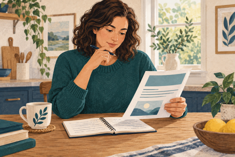 Reader comparing a leaflet with notes at home — editorial illustration for What Are Peptides?